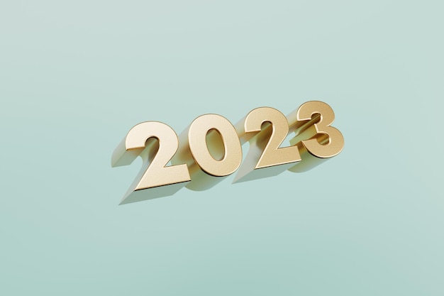 Números de oro extruidos 2023 año nuevo sobre fondo azul 3d render