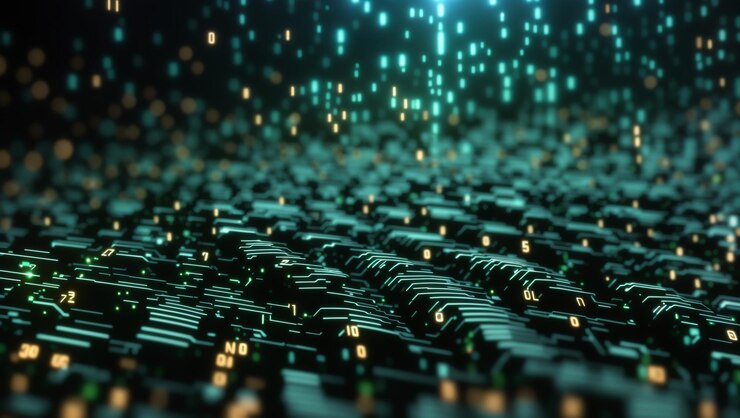 Foto números que caen código binario matrix en fondo digital verde y negro