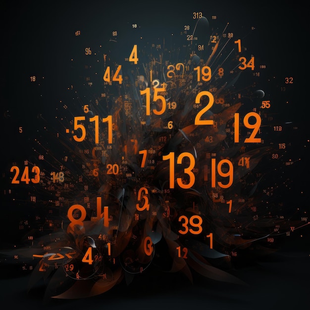 Números vibrantes dígitos naranjas brillando contra un lienzo negro