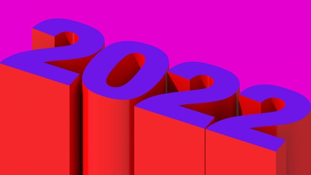 Números violetas y rojos 2022. Diseño tipográfico. Ilustración abstracta, procesamiento 3d.