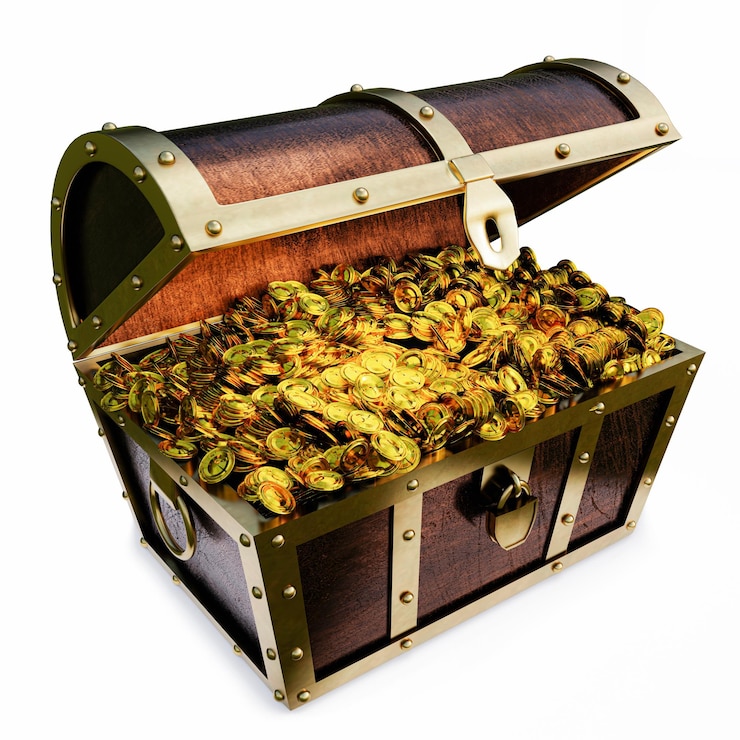 Foto numerosas moedas de ouro derramadas do cofre do tesouro caixão de tesouro de madeira de estilo antigo firmemente montado com tiras de metal enferrujado rendering 3d