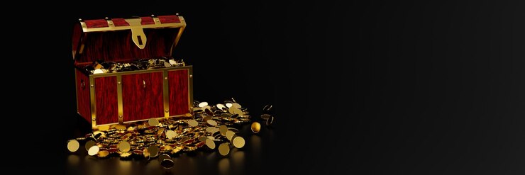 Numerosas monedas de oro se derramaron del cofre del tesoro Cofre de madera de estilo antiguo fuertemente ensamblado con tiras de metal oxidado Rendering 3D