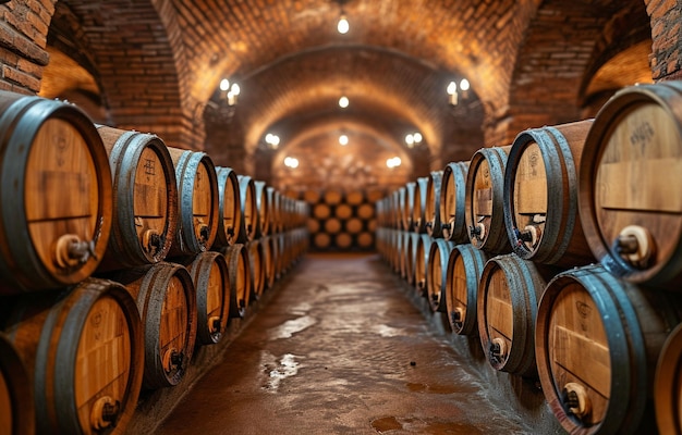 Numerosos barriles de vino dentro de una bodega con paredes de piedra