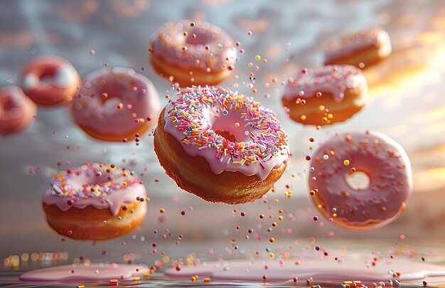 Foto numerosos donuts voadores desafiam a gravidade, impulsionados misteriosamente, criando um espetáculo caprichoso no céu.