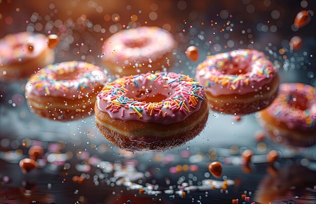 Foto numerosos donuts voadores desafiam a gravidade, impulsionados misteriosamente, criando um espetáculo caprichoso no céu.