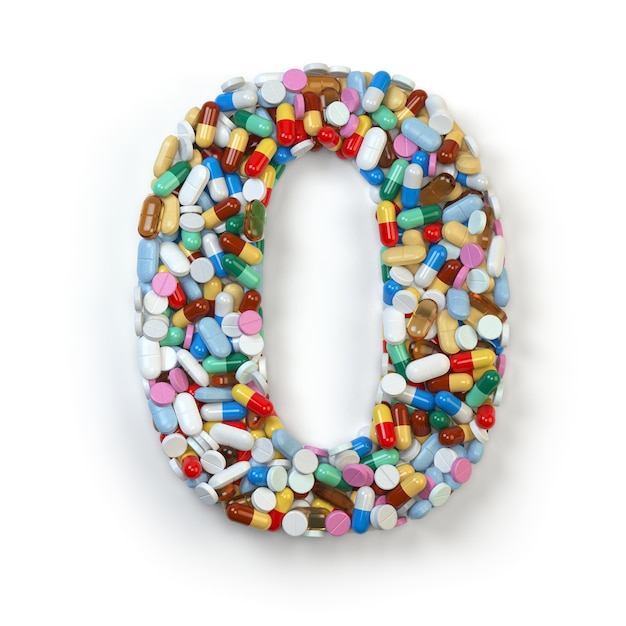 Nummer 0 Null aus Medizinpillen Kapseln Tabletten und Blister isoliert auf weiss
