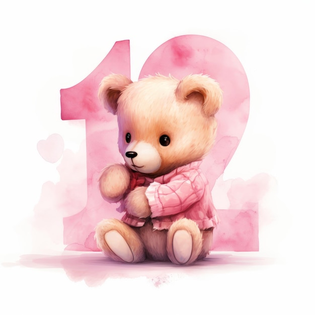 Nummer 1 mit niedlichem Teddybär und rosa Ballon-Vektorillustration