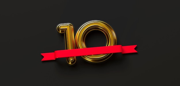 Nummer 10 Goldfarbe, dunkler Hintergrund für Geburtstag oder Jubiläum - 3D-Rendering