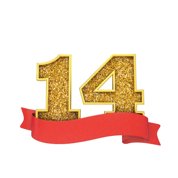 Nummer 14 Goldglitter-Feier mit einem roten Scroll-Banner 3D-Render