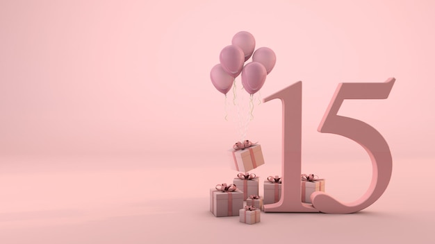 Nummer 15 Geburtstagsfeier rosa Geschenkbox und rosa Luftballons. 3D-Rendering