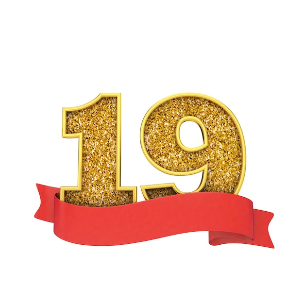 Nummer 19 Goldglitter-Feier mit einem roten Scroll-Banner 3D-Render