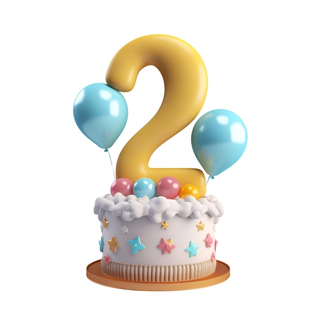 Nummer 2 Geburtstagstorte mit Kerzen und Luftballons 3D-Rendering isoliert auf weißem Hintergrund