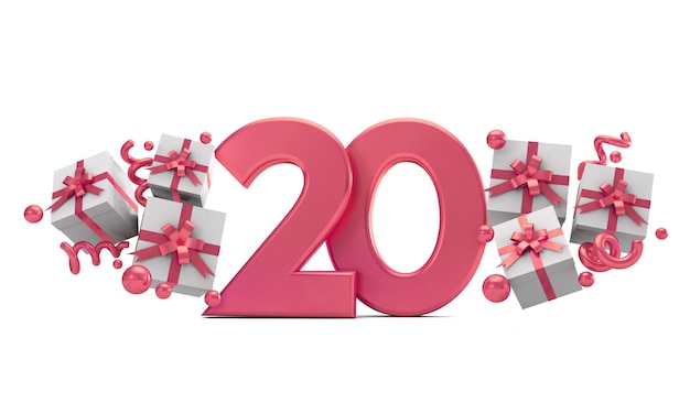 Foto nummer 20 rosa geburtstagsfeier nummer mit geschenkboxen 3d-rendering
