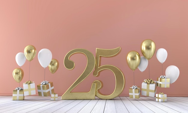 Nummer 25 Geburtstagsparty-Komposition mit Ballons und Geschenkboxen 3D-Rendering