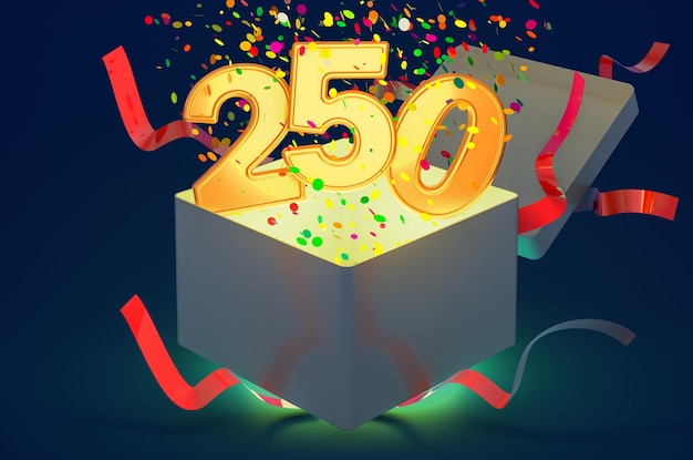 Nummer 250 in Geschenkbox mit Konfetti und glänzendem 3D-Rendering