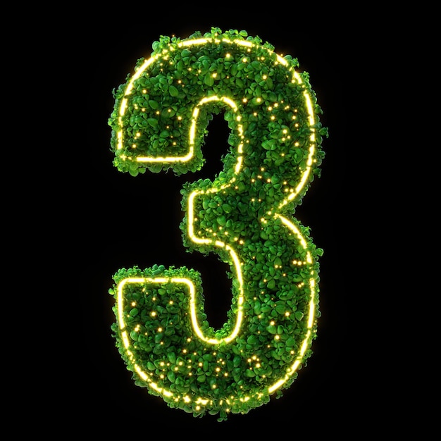 Nummer 3 Alphabet Grüne Pflanze Neon leuchtende Zahl isoliert mit Beschneidungspfad 3D-Illustration hinterlässt Gras Moos Basilikum Minze