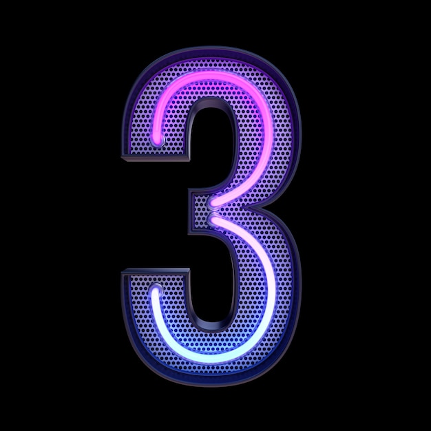 Nummer 3, Alphabet. Neon Retro-3D-Nummer auf schwarzem Hintergrund mit Beschneidungspfad isoliert. 3D-Darstellung.