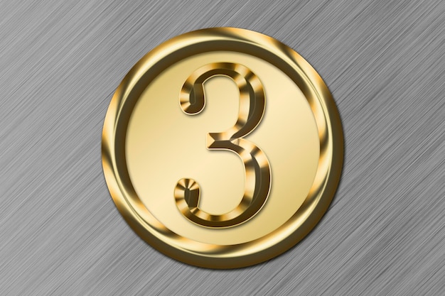 Nummer 3 in Gold in einem goldenen Kreis auf metallischem Hintergrund Grafisches Ressourcenkonzept