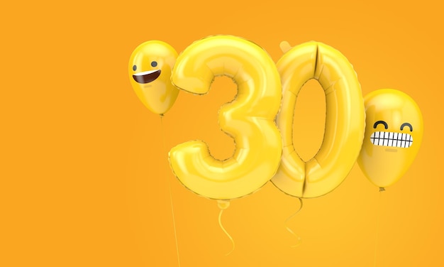 Nummer 30 Geburtstagsballon mit Emoji-Gesichtern Ballons 3D Render