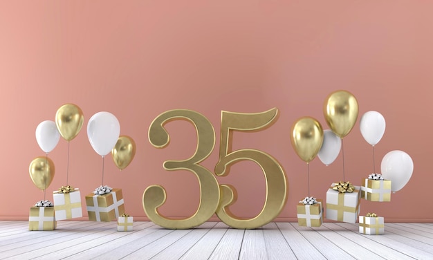 Nummer 35 Geburtstagsparty-Komposition mit Ballons und Geschenkboxen 3D-Rendering