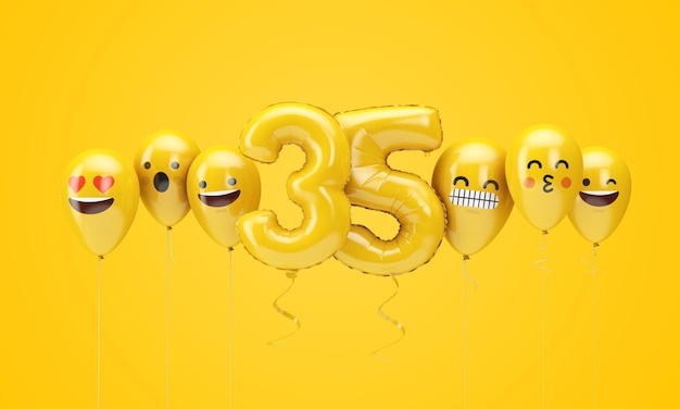 Nummer 35 gelbes Geburtstags-Emoji steht vor Luftballons 3D-Render