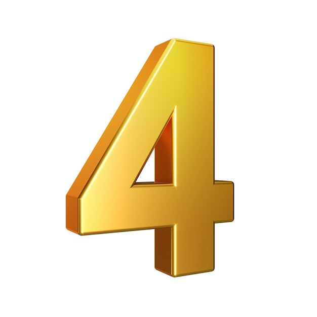 Nummer 4, Alphabet. Goldene 3D-Nummer auf einem weißen Hintergrund mit Beschneidungspfad isoliert. 3D-Darstellung.