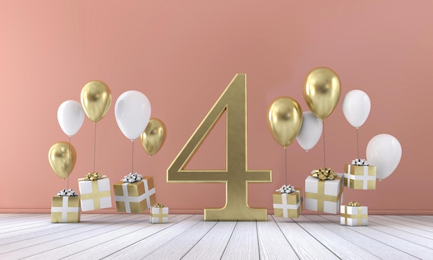 Nummer 4 Geburtstagsparty-Komposition mit Ballons und Geschenkboxen 3D-Rendering