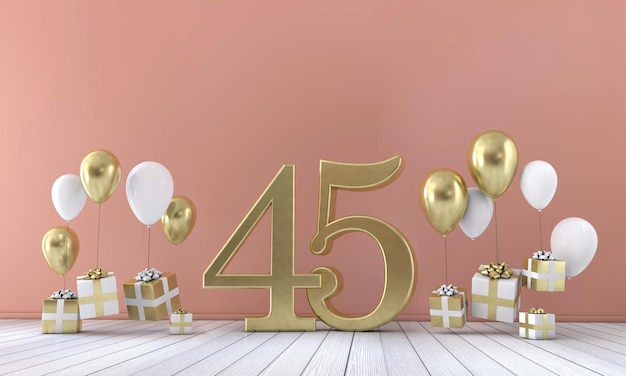 Nummer 45 Geburtstagsparty-Komposition mit Ballons und Geschenkboxen 3D-Rendering