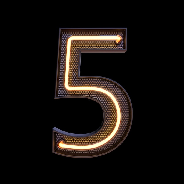 Nummer 5, Alphabet. Neon Retro-3D-Nummer auf schwarzem Hintergrund mit Beschneidungspfad isoliert. 3D-Darstellung.