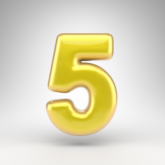 Nummer 5 auf weißem Hintergrund. Gelbe Autolack 3D gerenderte Nummer mit glänzender metallischer Oberfläche.