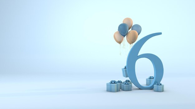 Nummer 5 Geburtstagsfeier blaue Geschenkbox und rosa Luftballons. 3D-Rendering