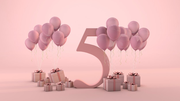 Nummer 5 Geburtstagsfeier rosa Geschenkbox und rosa Luftballons. 3D-Rendering