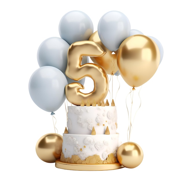 Nummer 55 Geburtstagstorte mit goldenen Luftballons und Luftballons Happy Birthday-Grußkarte 3D-Rendering