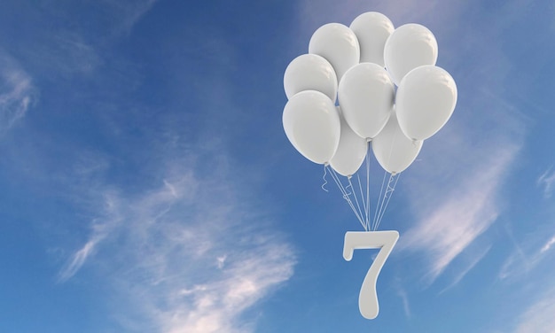 Nummer 7 Partyfeier Nummer, die an einem Haufen weißer Luftballons gegen den blauen Himmel befestigt ist
