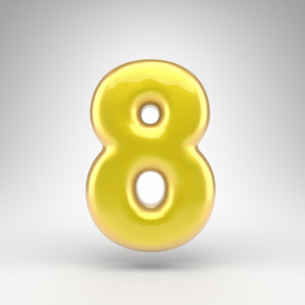 Nummer 8 auf weißem Hintergrund. Gelbe Autolack 3D gerenderte Nummer mit glänzender metallischer Oberfläche.