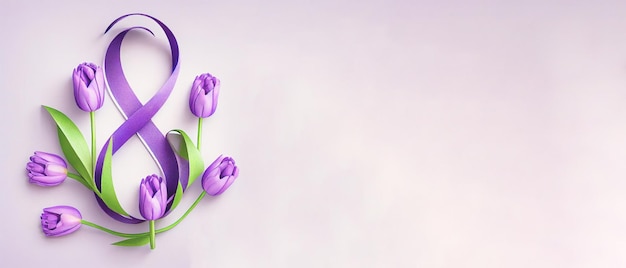 Nummer 8 mit violettem Band und Tulpenblumen auf hellem Hintergrund Feier zum Internationalen Frauentag Banner im Weitwinkelformat