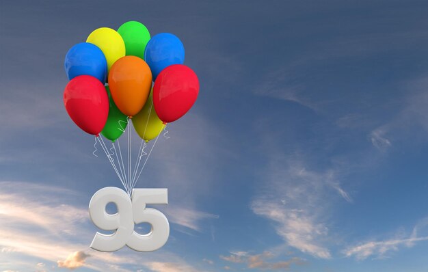 Nummer 95 Partyfeier Nummer, die an einem Haufen Ballons 3D-Rendering befestigt ist