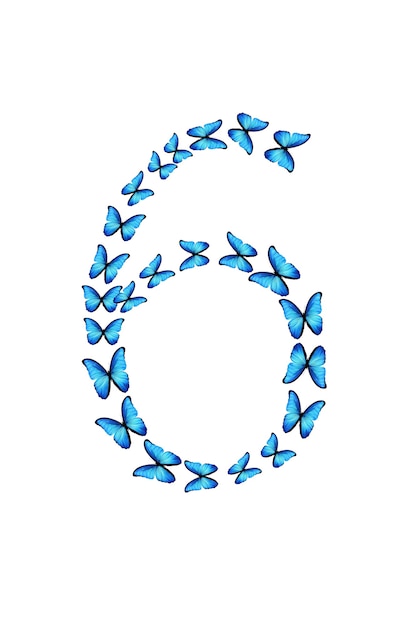 Nummer sechs aus blauen tropischen Schmetterlingen isoliert auf weißem Hintergrund