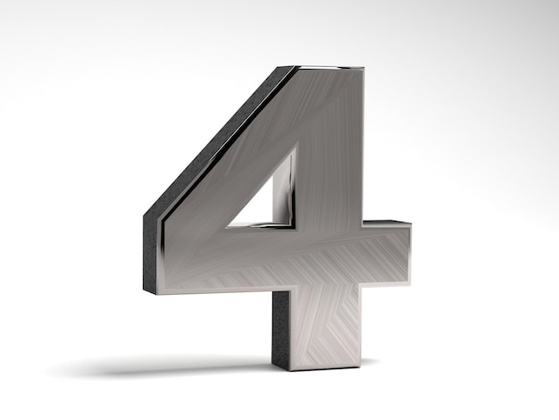 Nummer vier aus Stahl auf weißem Hintergrund Volumetrische Metallfigur 3D-Rendering