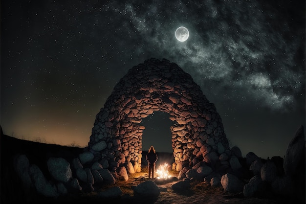 Nuraghe sardo, iluminado por la luna, con un fuego y un chamán fenicio en el interior