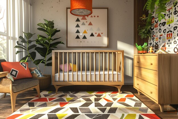 Nursery de inspiración moderna de mediados de siglo con cuna retro