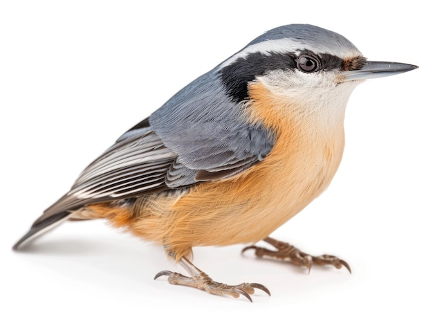 Foto nuthatch eurasiático aislado en fondo blanco toma de estudio de larga duración de halffaced bird en