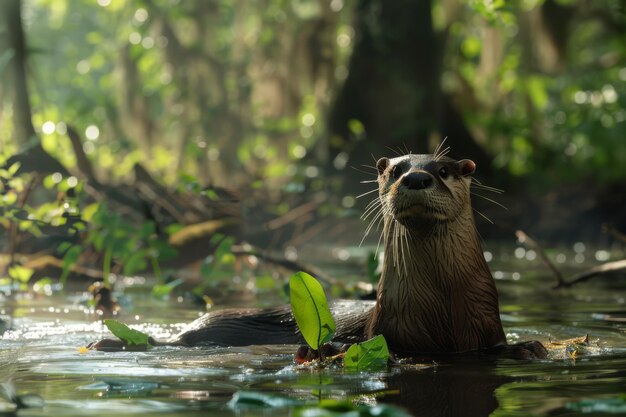 Foto la nutria flota en aguas tranquilas y se deleita con los peces al anochecer