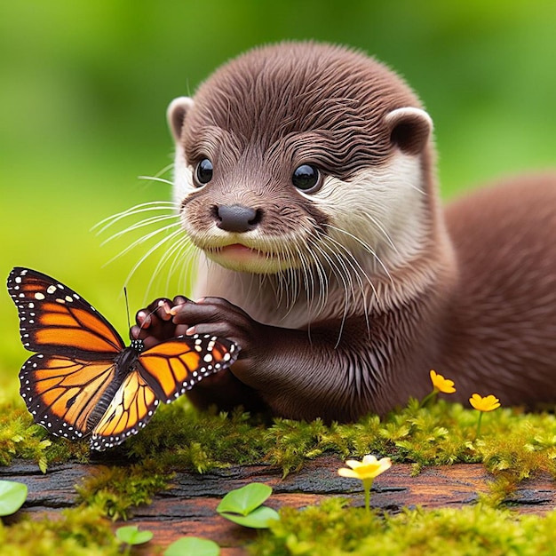 La nutria juega con la mariposa.