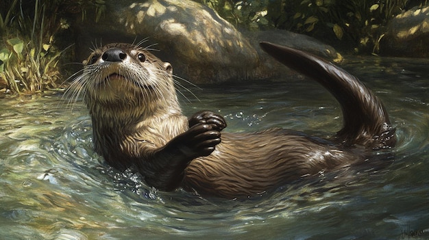 La nutria juguetona en un arroyo poco profundo