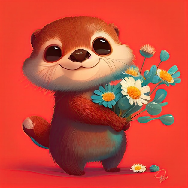 Nutria linda sonriente sosteniendo ramo en flores coloridas aislar fondo cálido