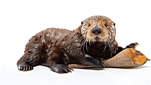 Una nutria marina juguetona flotando en su espalda