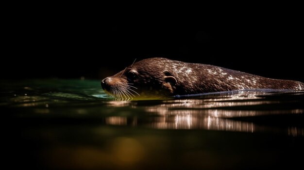 Una nutria marina nada en la oscuridad.