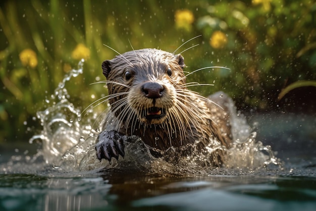 Una nutria nada en el agua bajo el sol.