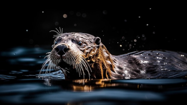 Una nutria nadando en el agua con el agua de fondo.